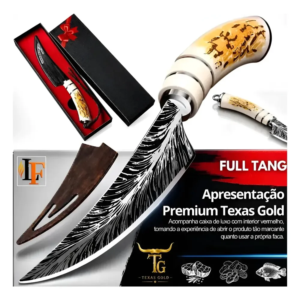 Faca Pena de Águia Chef Full Tang Aço Inox Churrasco Carne Cabo Osso Resinado Premium Profissional Cutelaria Artesanal Ultra Afiada Cozinha Gourmet Presente Masculino Colecionável Presente Caixa Luxo