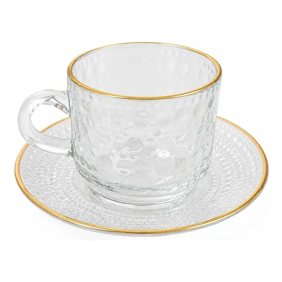 Jogo 06 Xícaras Vidro Borda Dourada Com Pires 12pçs - 210ml Transparente