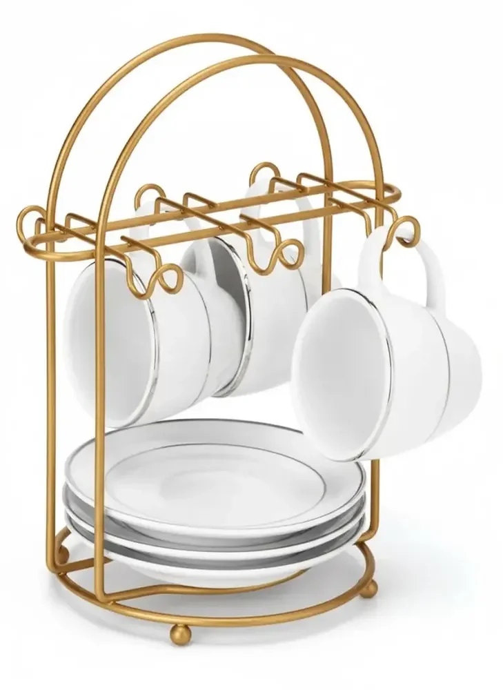 Suporte Organizador Porta Xícara De Café E Pires Cozinha Aramado Dourado Fosco Premium Cantinho do Café