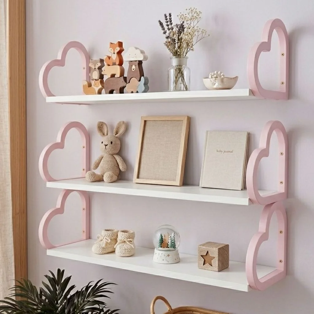 Tres prateleiras coração infantil rosa e branco