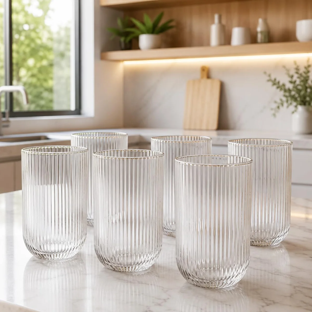 Jogo de 6 Copos Sofia, Vidro Transparente, 450ml, Design Canelado Vertical, para Água, Sucos e Drinks