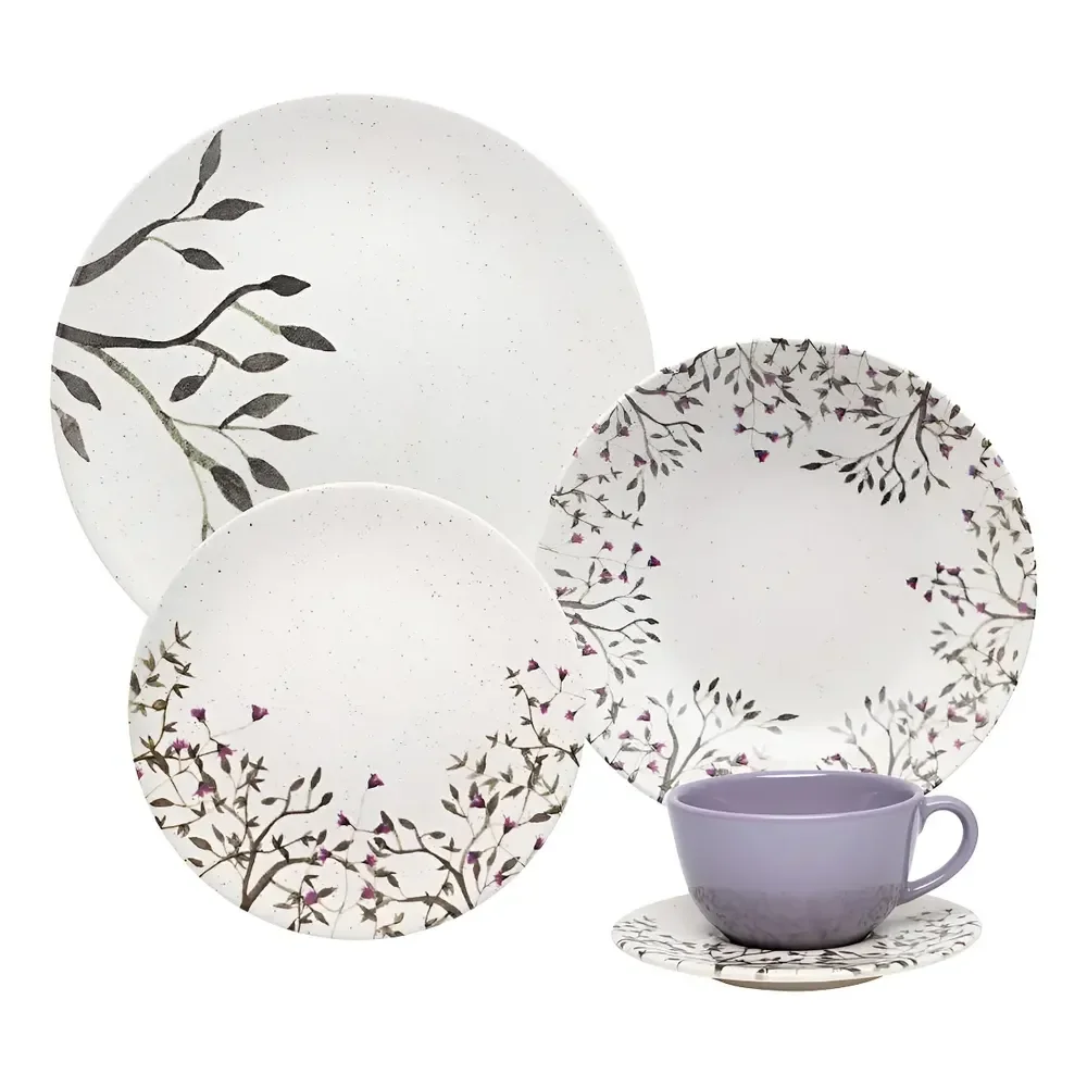 Aparelho De Jantar E Chá 20 Pçs Oxford Unni Lilac Cor Branco Florido