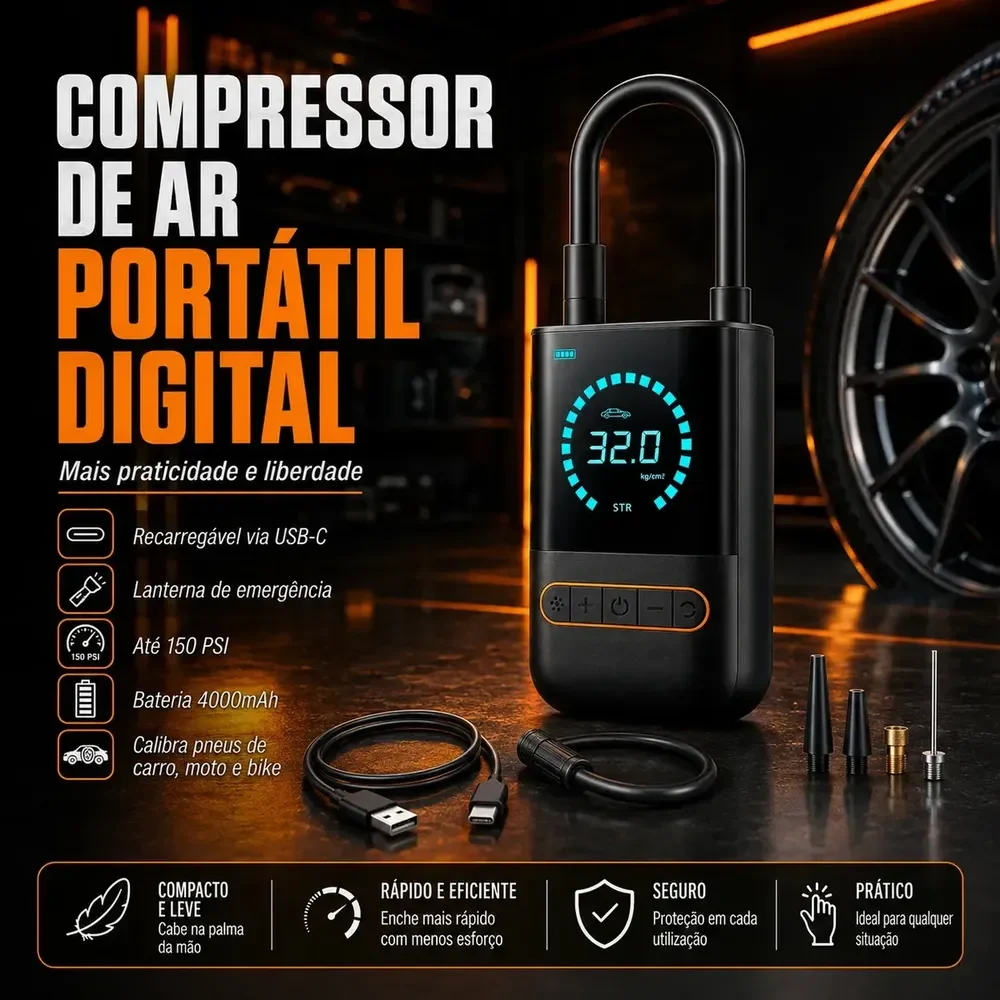 Compressor Calibrador De Pneus Calibrador B&G Portátil Mini Digital Carro Bike Sem Fio Cor Preto