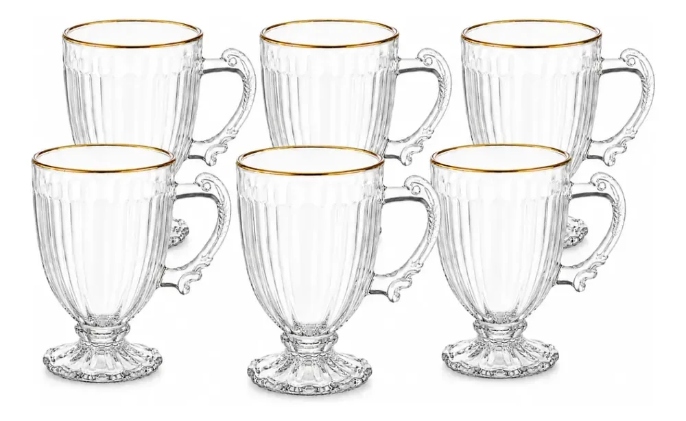 Jogo 6 Canecas Vidro Borda Dourada Café Capuccino 190ml Transparente