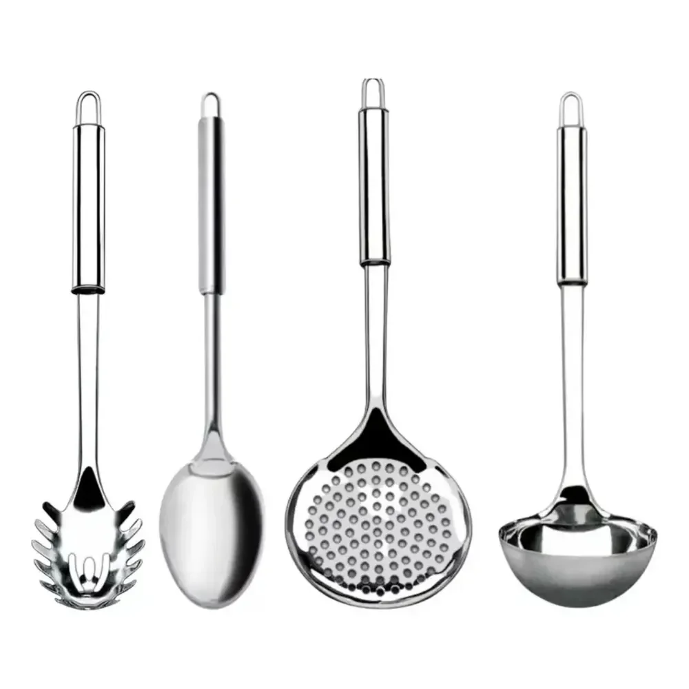 Kit 4 Utensílios Inox Cozinha Colher Concha Escumadeira Prateado