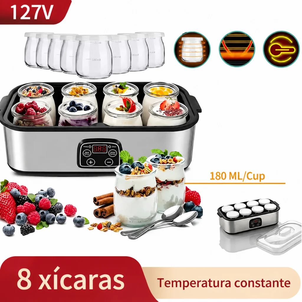 Iogurteira Eletrica Maquina De Iogurte Ajustável 1.4l com 8 Copos 180ML– Faça Iogurte Natural em Casa 127V