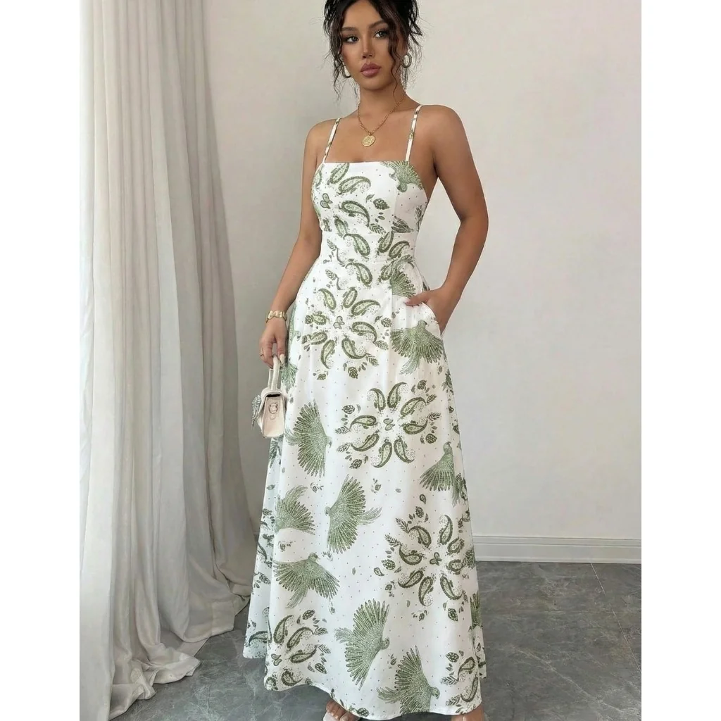 Vestido Longo Feminino Alcinha Fina Bojo Estampa Floral Tendência Verão