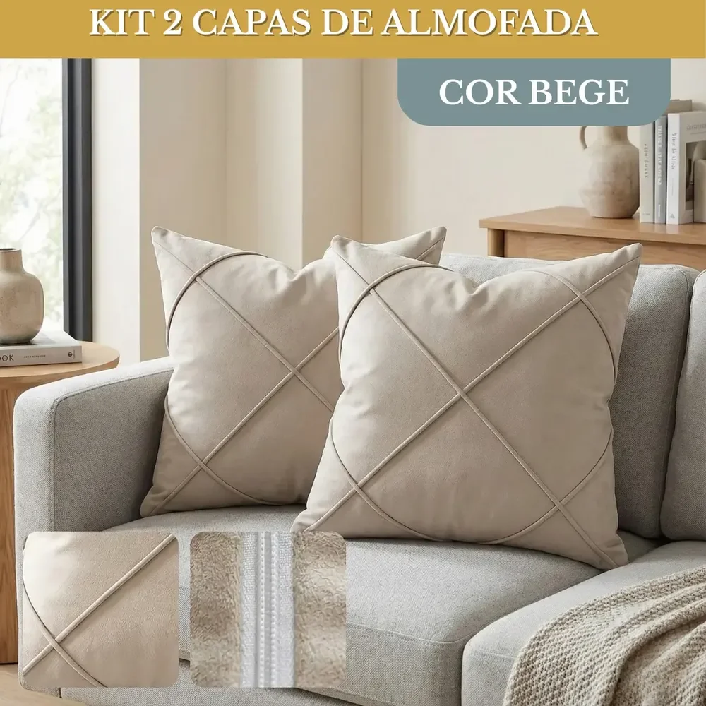 Capas Almofada 2 Unid Suede 40x40 Luxo Zíper Toque Aveludado - Cor Bege