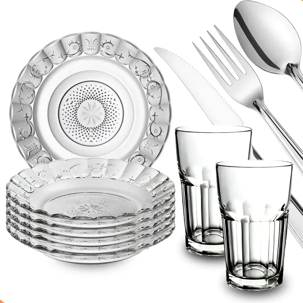 Aparelho De Jantar 30 Peças - Pratos + Copos + Talheres Inox