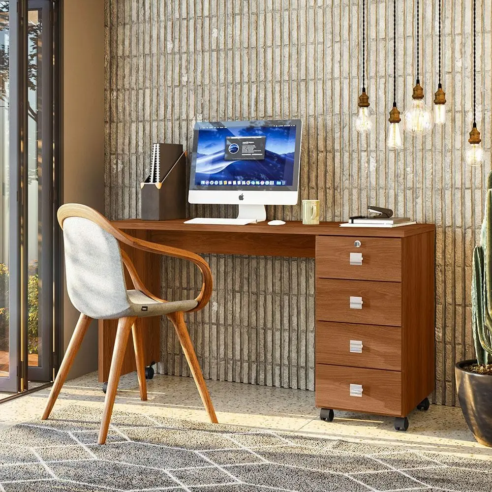 Escrivaninha Manicure Mesa Computador Office Dubai - 4 Gavetas com Chave Rodízios - Lukaliam Móveis