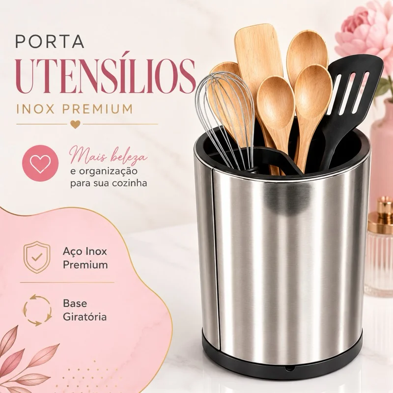 Porta talher Utensílios Giratório Inox Premium com Dreno e Fundo Removível |Organizador de Talheres Cozinha,envio rápido