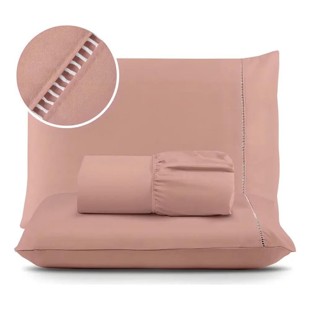 Jogo De Lençol Cama Casal Padrão 03 Peças 400 Fios Ponto Palito Extra Macio Cor Rose Liso