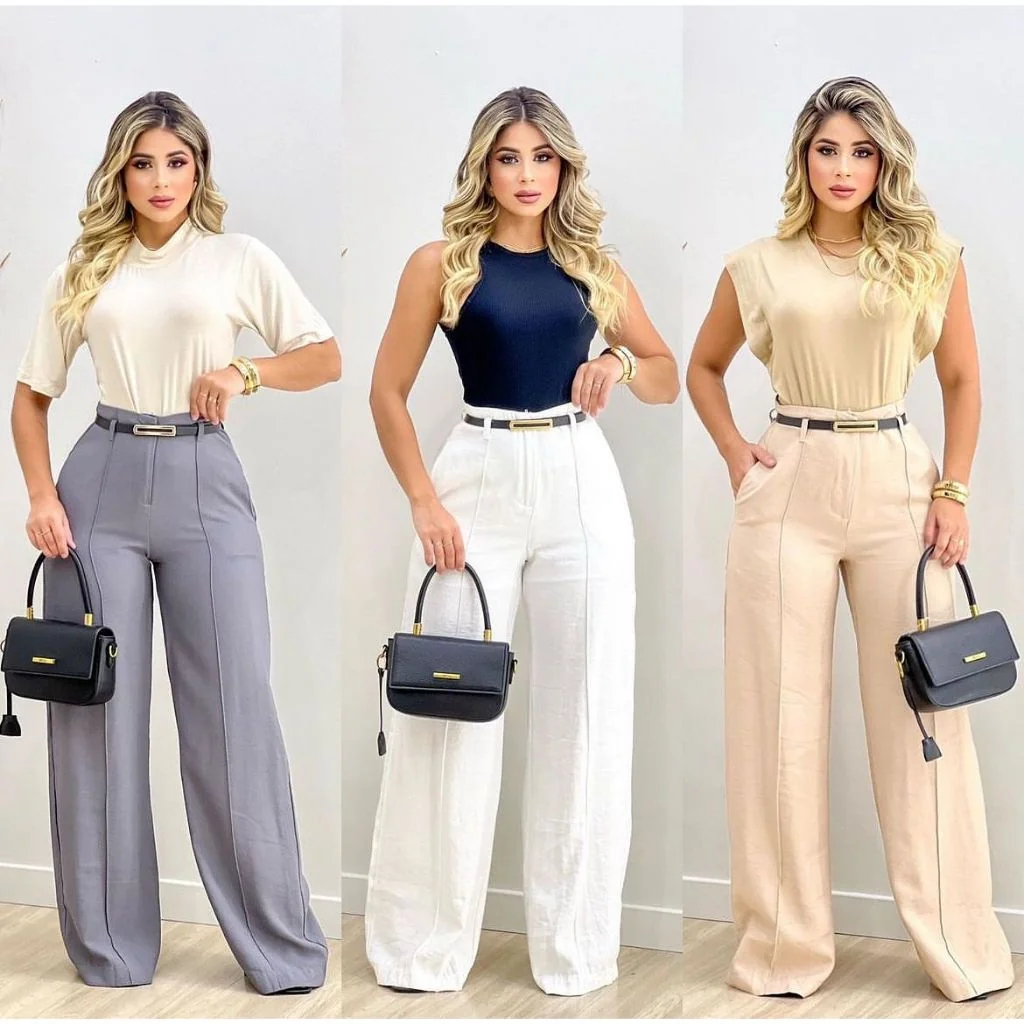 Calça Feminina Pantalona Wide Leg Duna com Botão P M G GG Tendência 2026