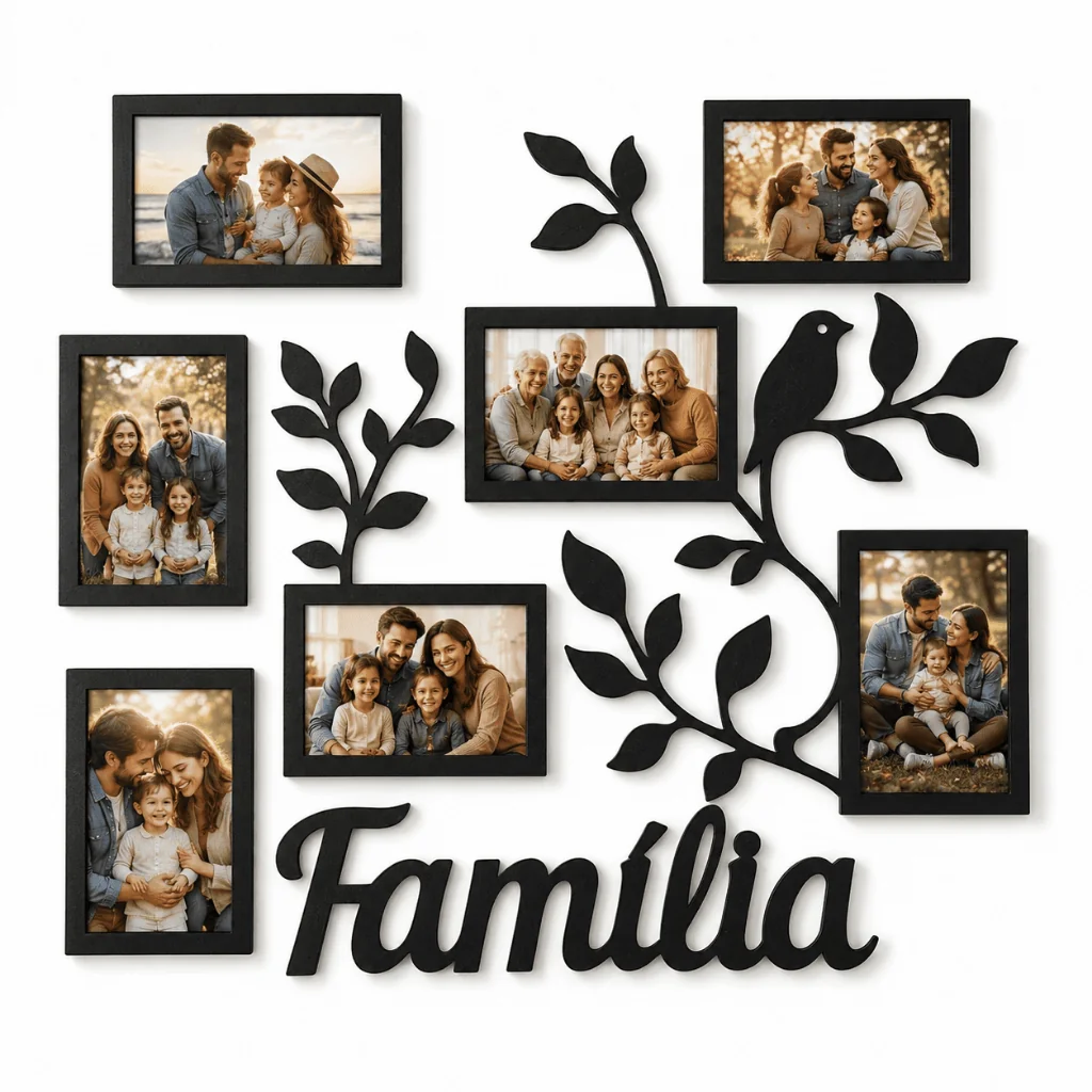 Porta Retrato Parede MDF Família 7 Fotos Decorativo Galhos Sala Quarto