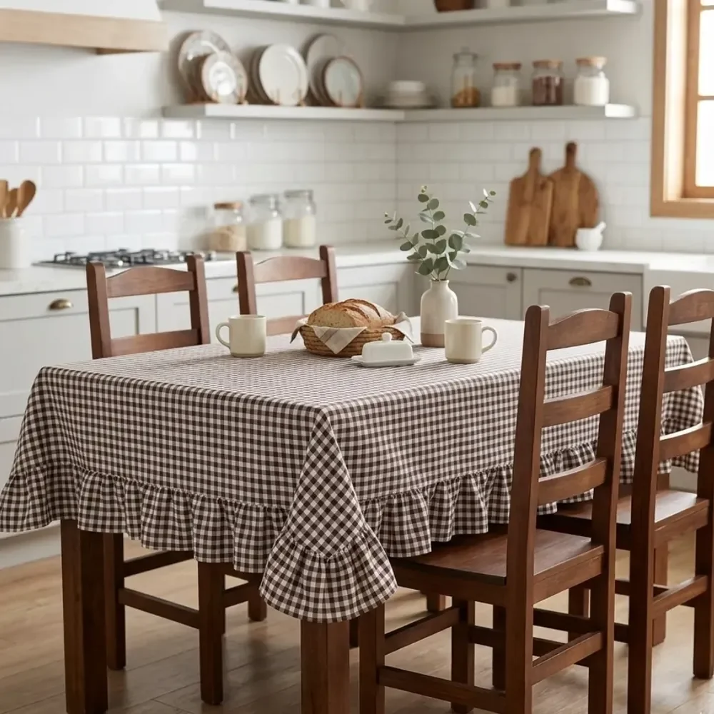 Toalha De Mesa Xadrez Com Babado - Elegância E Estilo Marrom 2mx1.4m 6 Cadeiras