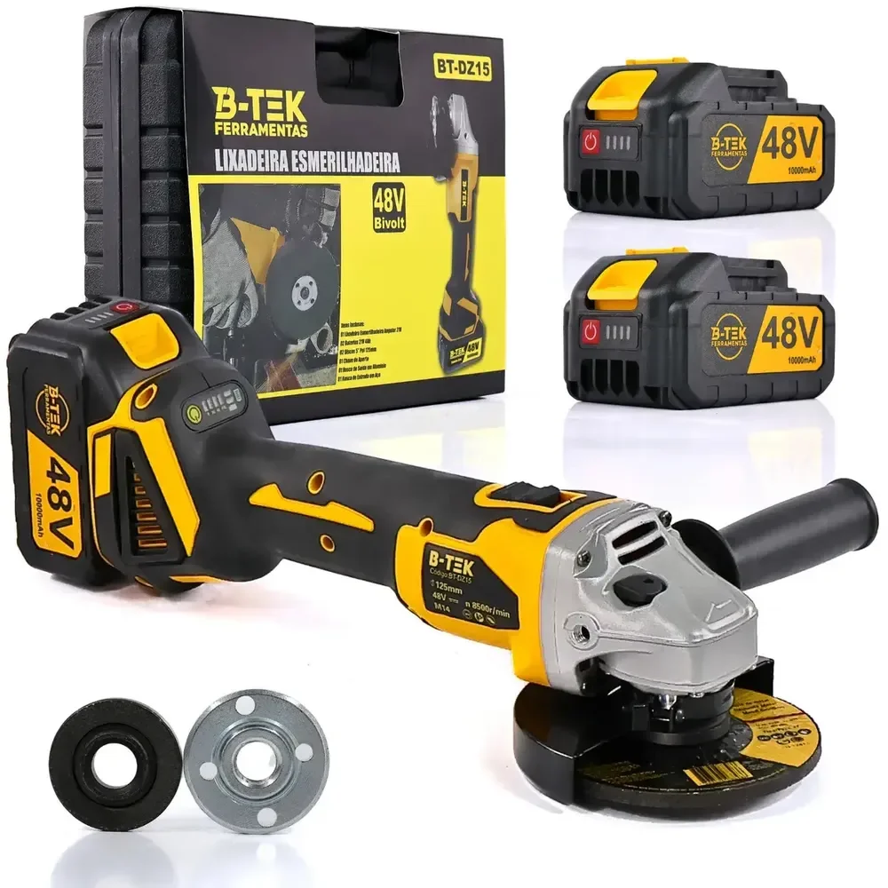 Esmerilhadeira Lixadeira Angular Elétrica 2 Baterias 48v 1200w 8500rpm 125mm 110/220v Bivolt Controle De Rotação Amarelo 127/220v 50hz/60 Hz Frequência: 50hz/60 Hz | Voltagem: 127/220v Forte Potente