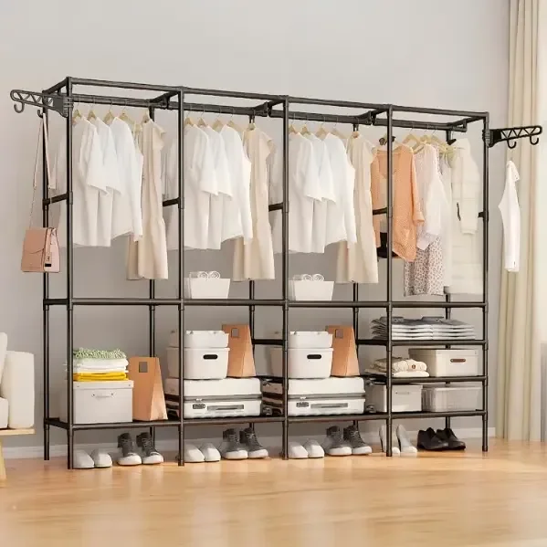 Guarda Roupa Dobravel Closet Aberto Organizador De Roupas Desmontavel E Arara Organizadora 4 Colunas Em Aço Preto Resistente