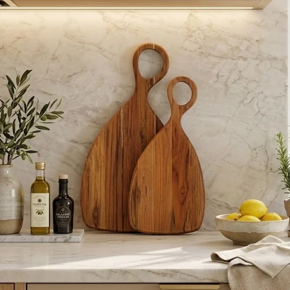Kit Tábua de Corte Royal Com Cabo Decorar Cozinha Servir e Cortar P e M - Madeira Nobre Premium