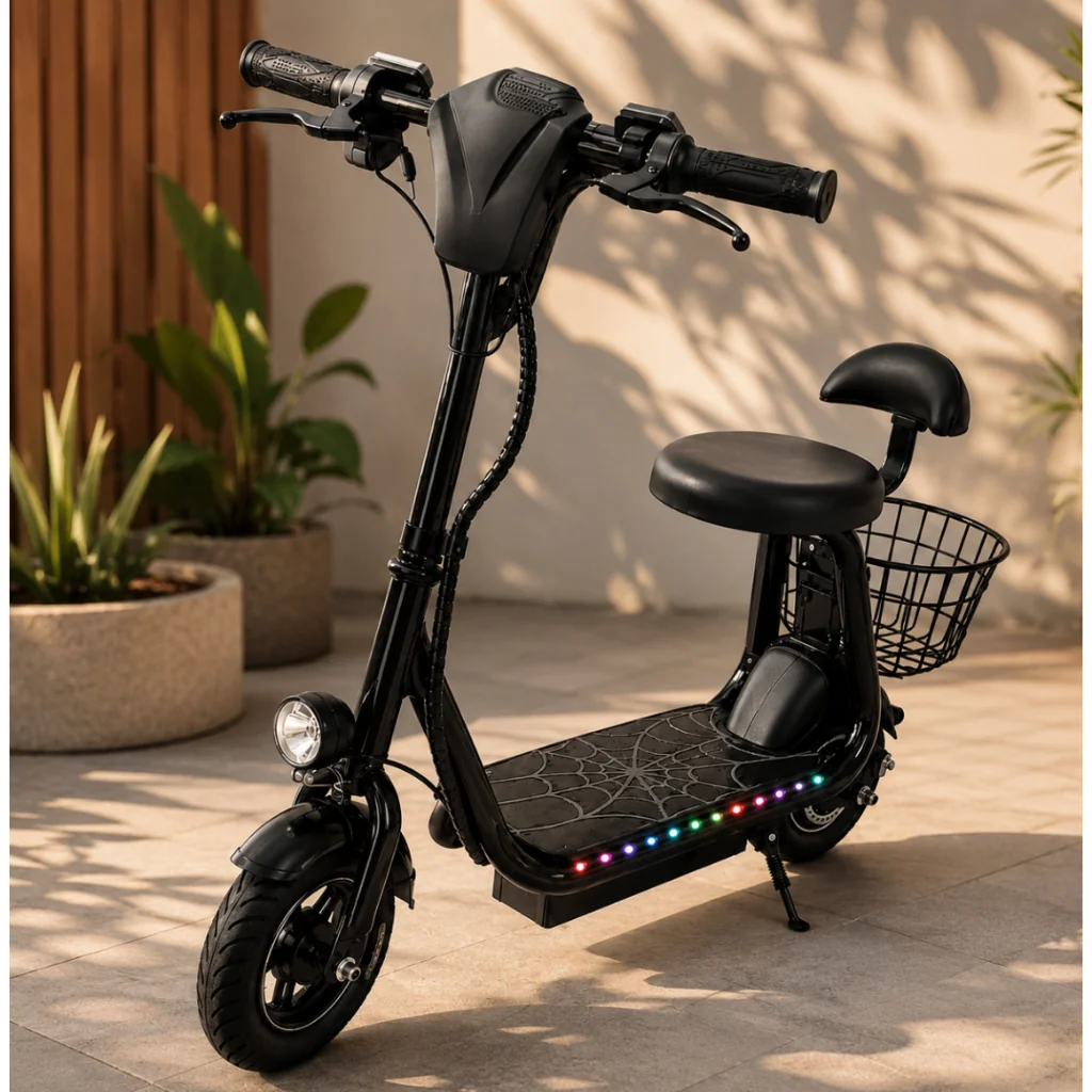 Patinete Elétrico Suporta ate 80kg Infantil 250W Mini Scooter Bluetooth LED Colorido Freio Farol Cesto