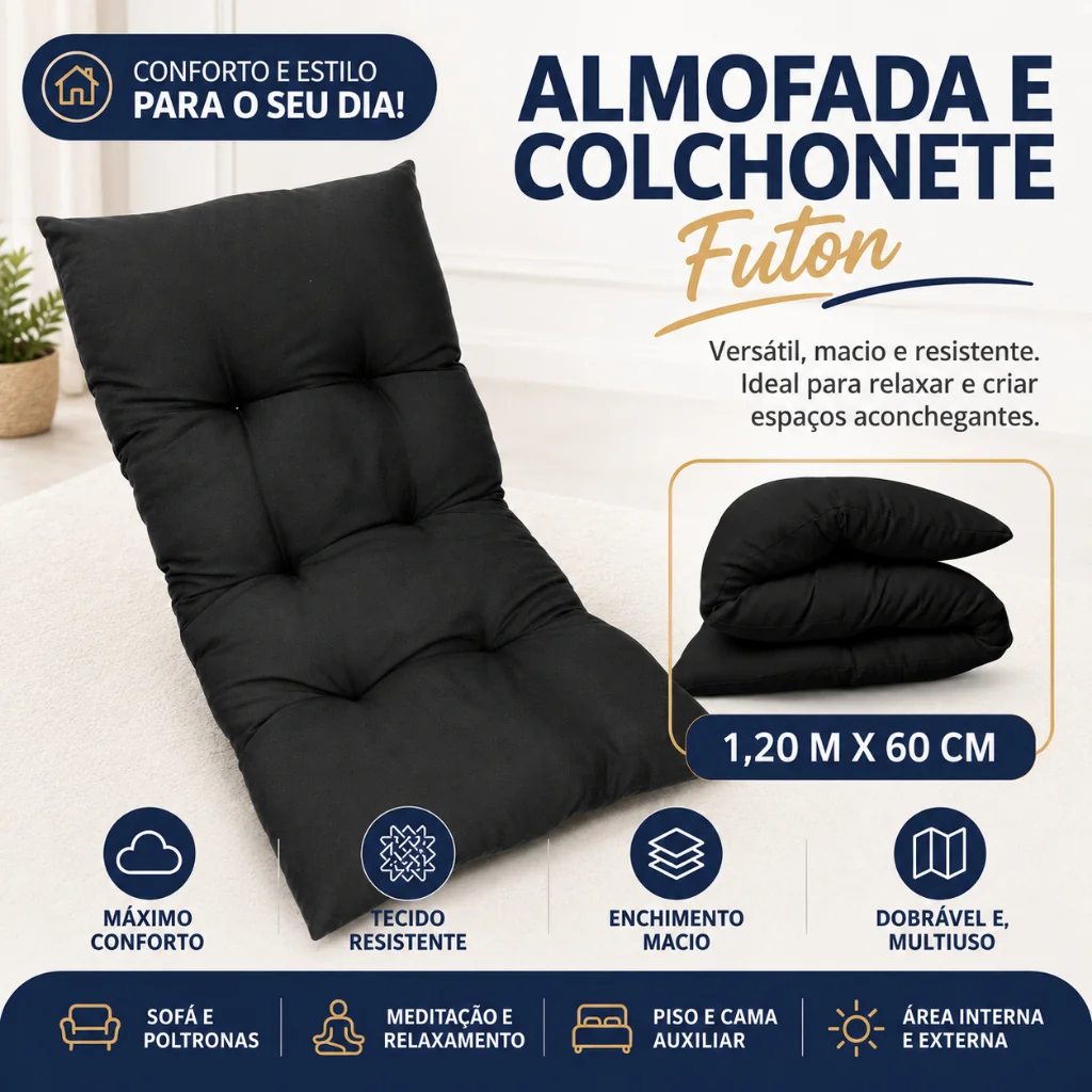 Colchonete Futon 120X60 cm Dobrável Enrolável Decorativo Almofada sofá