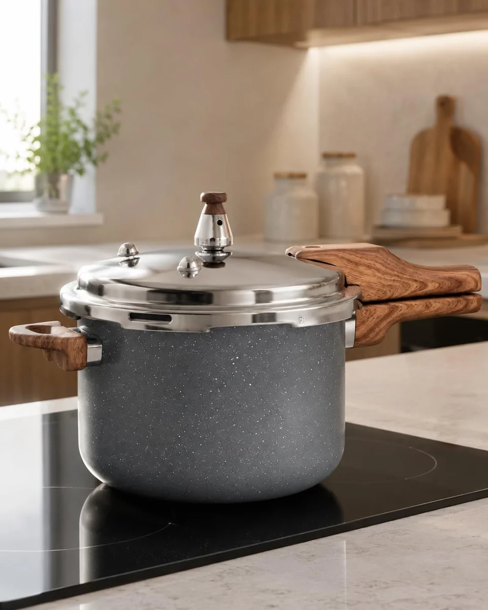 Panela de Pressão Indução Antiaderente Cerâmica 4,2L Grafite com Cabo Amadeirado, Fundo de Indução, Tampa Inox e Sistema de Segurança