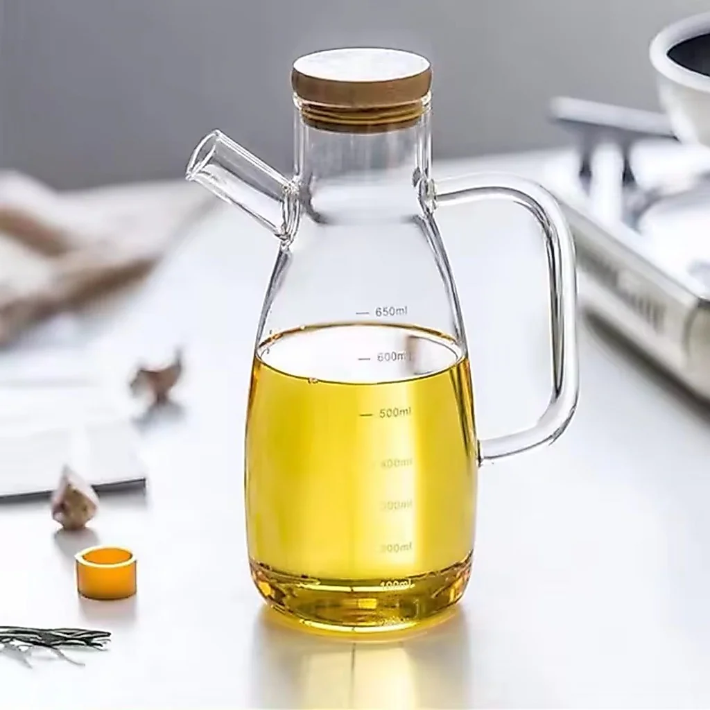 Galheteiro De Vidro 650ml Com Bico Para Azeite Vinagre Tampa De Bambu