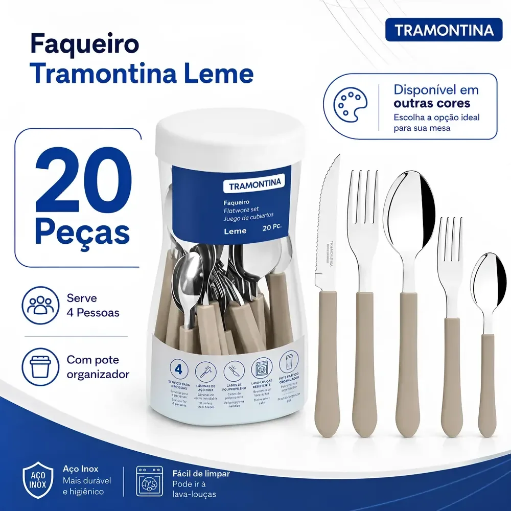 Jogo De Talheres Faqueiro Tramontina Aço Inox Leme 20 Peças Cinza