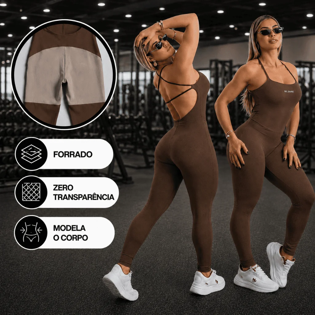 Macacão Academia Forrado Feminino Longo Fitness com Costas Abertas e de Alças Cruzadas em Suplex