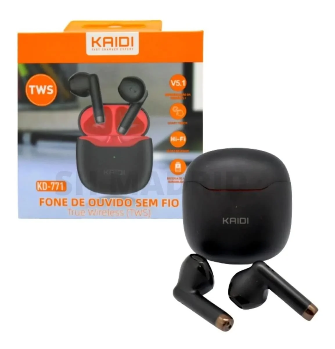 Fone De Ouvido Sem Fio Kaidi TWS Smart Touch V5.1 Kd-771 (Preto) | Bluetooth V5.1, Smart Touch