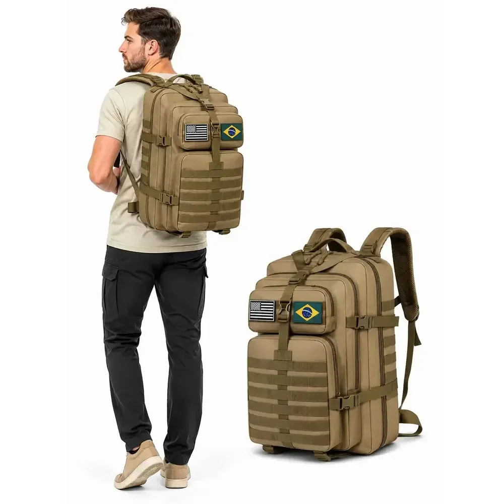 Mochila Tática Impermeável Cor Bege Reforçada 50 Litros Resistente Trilhas Camping Viagem Liso