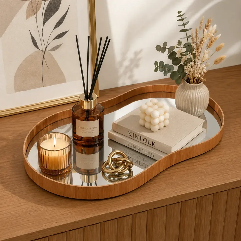 Bandeja Orgânica Espelhada Decorativa Mesa 50x30cm Premium Madeira Lâminado