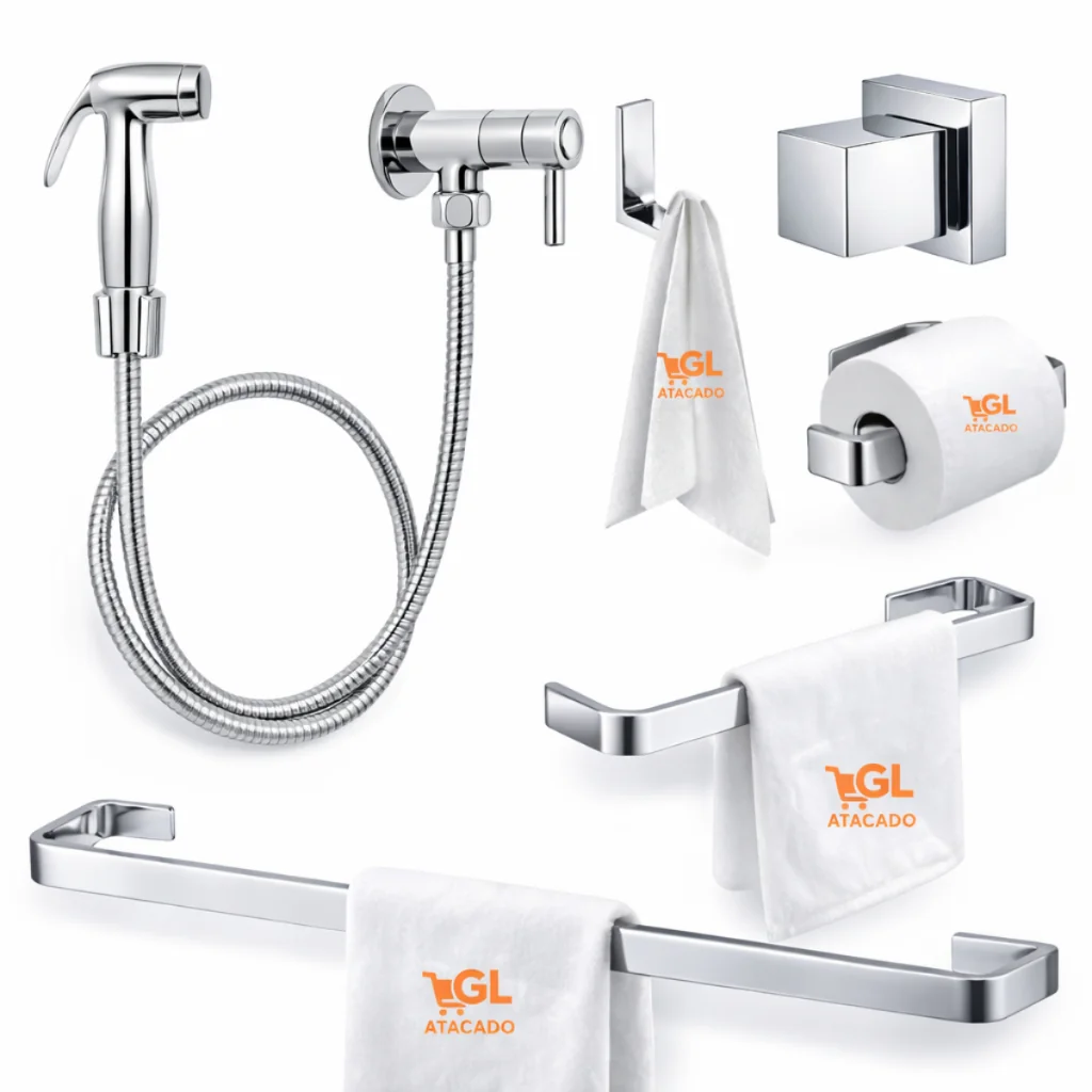 Kit Banheiro Completo Cromado Luxo 4 Peças + Ducha Higiênica Alta Pressão Chuveirinho + Acabamento De Registro Luxo