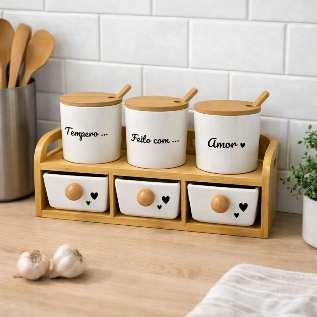 Kit Porta Temperos 3 Potes de Cerâmica com Tampa e Colher de Bambu + 3 Gavetas Organizadoras | Suporte de Bambu Cozinha