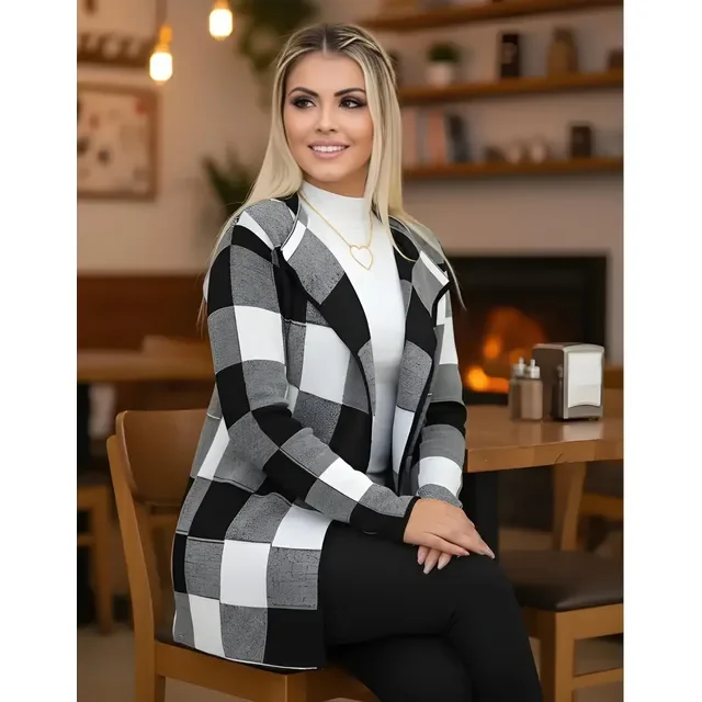 Cardigan Xadrez Tricô Kimono Inverno