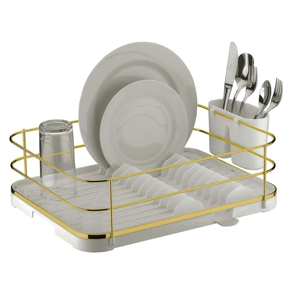 Escorredor de Prato Bandeja Coletora Branco Dourado