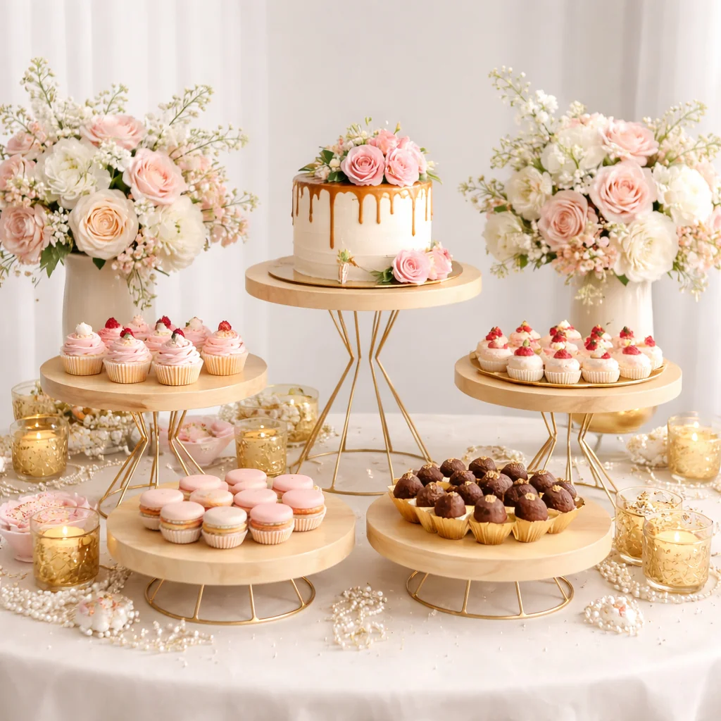 Kit Boleiras Decorativas Madeira com Base Dourada Suporte para Doces Festa Luxo Mesa Posta Aniversario
