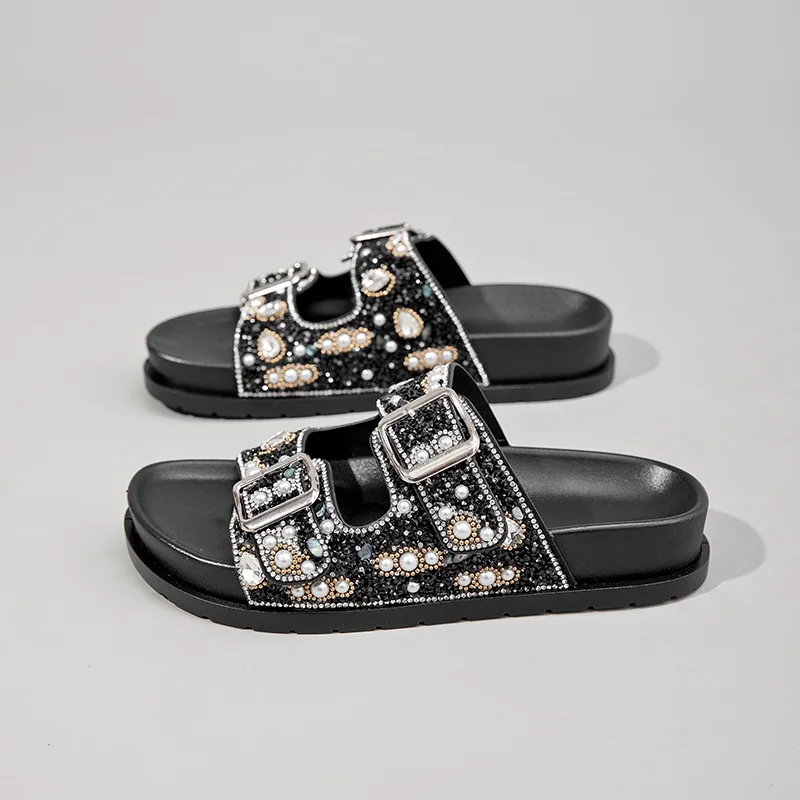 🛍️ Papete feminina Pérolas de strass de luxo  sandália diferente feminina com fivela