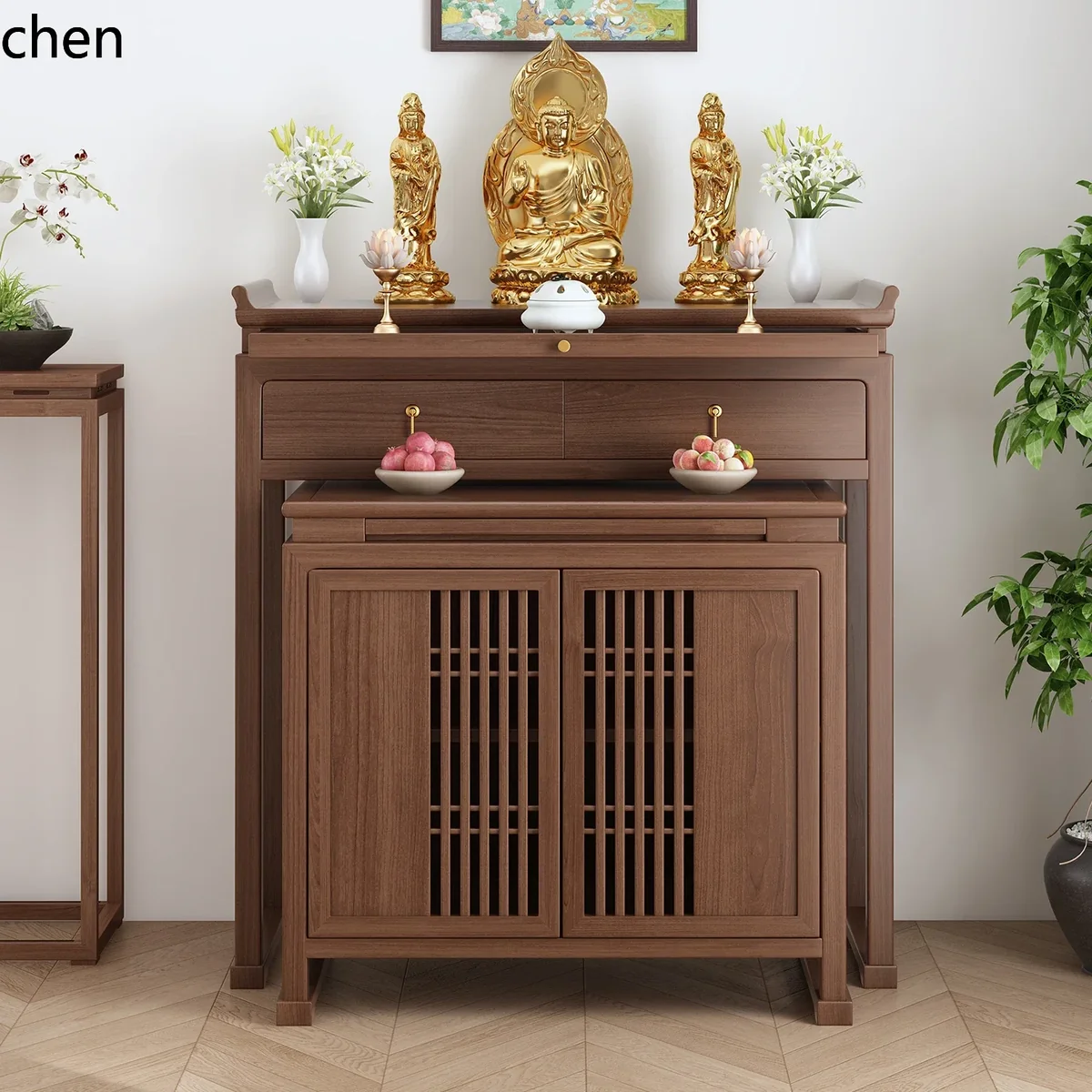 Mesa de Oferta em Madeira de Cerejeira r5.20, Mesa de Oferta Doméstica em Madeira Maciça Shentai, Pequena Mesa de Oferta para Sala de Estar com Suporte para Incenso de Buda Taiwanês