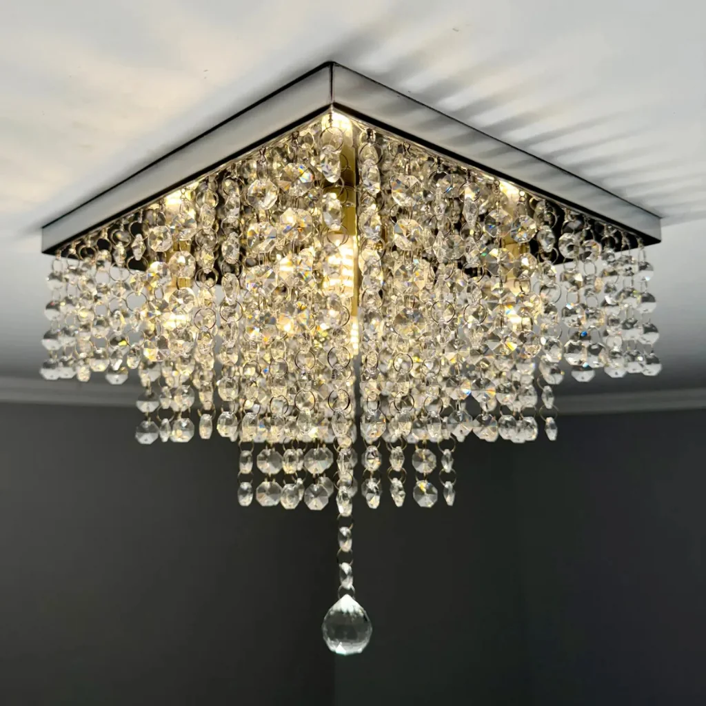 Lustre De Cristal Acrilico 30x30 Inox Espelhado Para Sala De Jantar/ Estar/ Quarto Vai Montado
