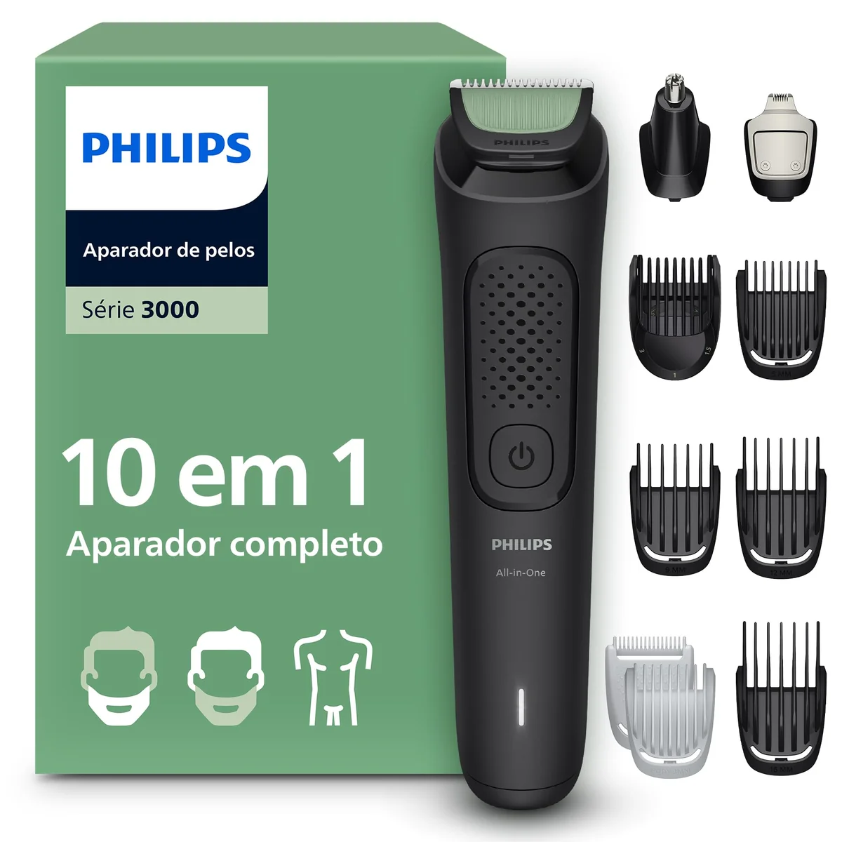 Aparador de Pelos Philips All-in-One 10 em 1 Série 3000 | Máquina para Rosto, Cabelo e Corpo | Barbeador Elétrico Multigroom | MG3941/15