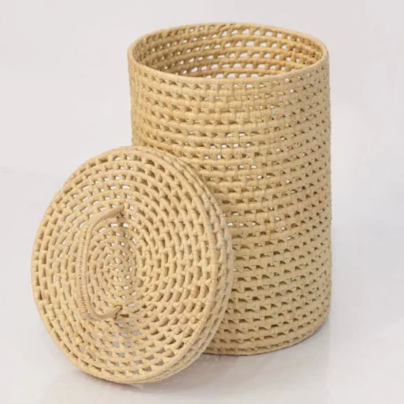Lixeira Em Palha Natural Com Tampa Rústica Cesto De Banheiro 30x20