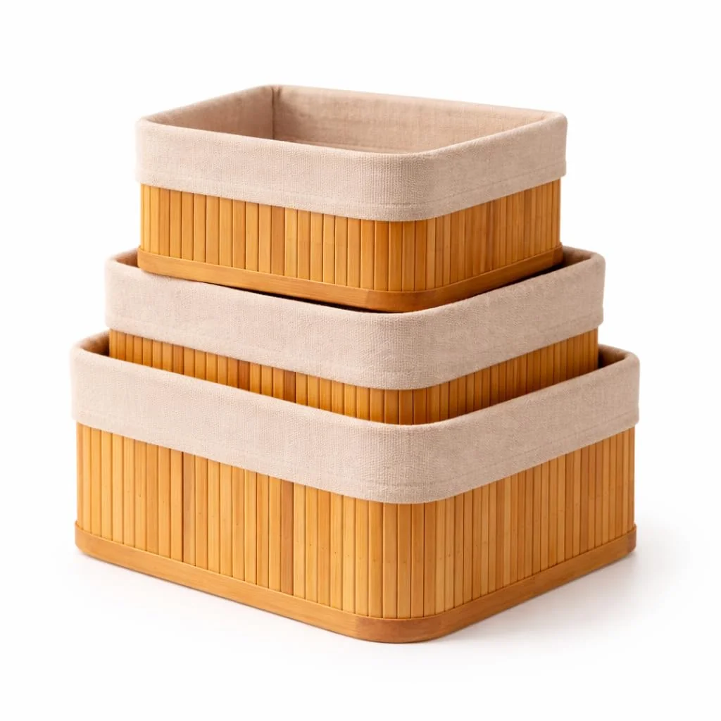 🛍 Kit 3 Cestos Organizadores de Bambu com Forro Interno – Cestas Organizadoras Decorativas Multiuso Banheiro, Armário, Lavanderia e Cozinha – Organizadores Naturais Elegantes Pia, Maquiagem e Objetos