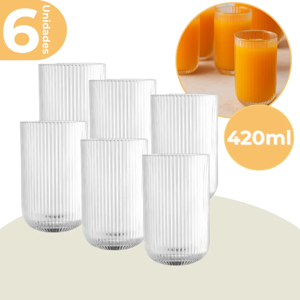 Jogo 6 Copos Vidro Canelado Sleek 420ml Transparente Resistente e Elegante