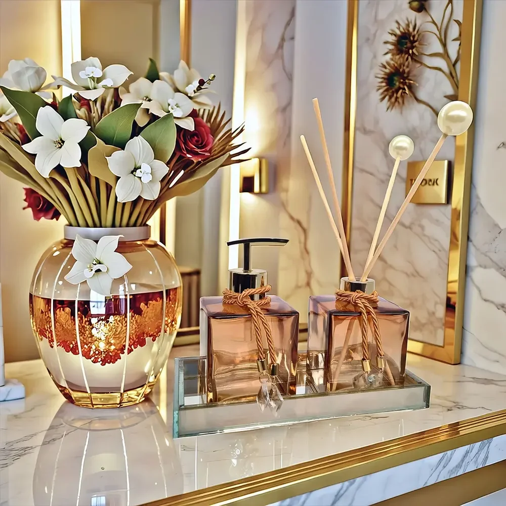 Kit Lavabo Completo Banheiro Com Bandeja Luxo Vidro Decoração Difusor Saboneteira Aromatizador Decorado Presente Elegante Âmbar