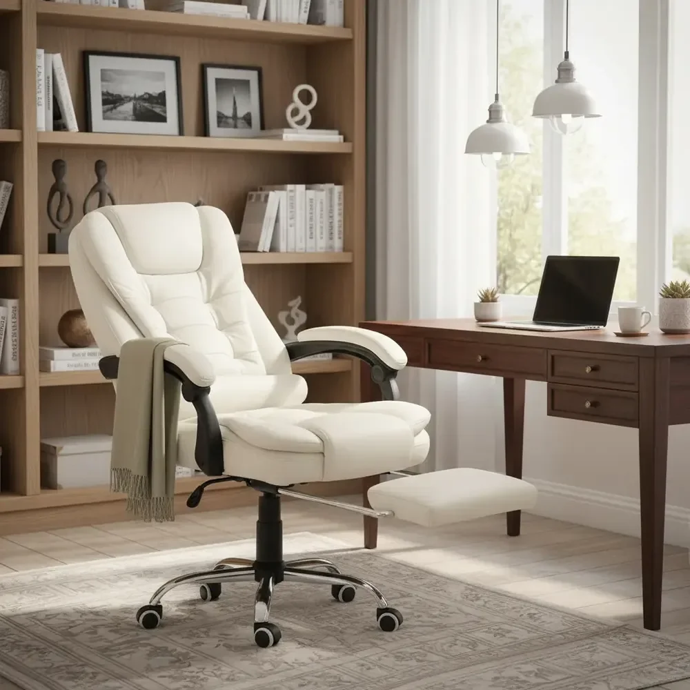 Cadeira De Escritório Itália Presidente Ergonômica Couro Sintético Encosto Ajustável Com Trava E Apoio Para Pés Cor Branca Luvinco Branco