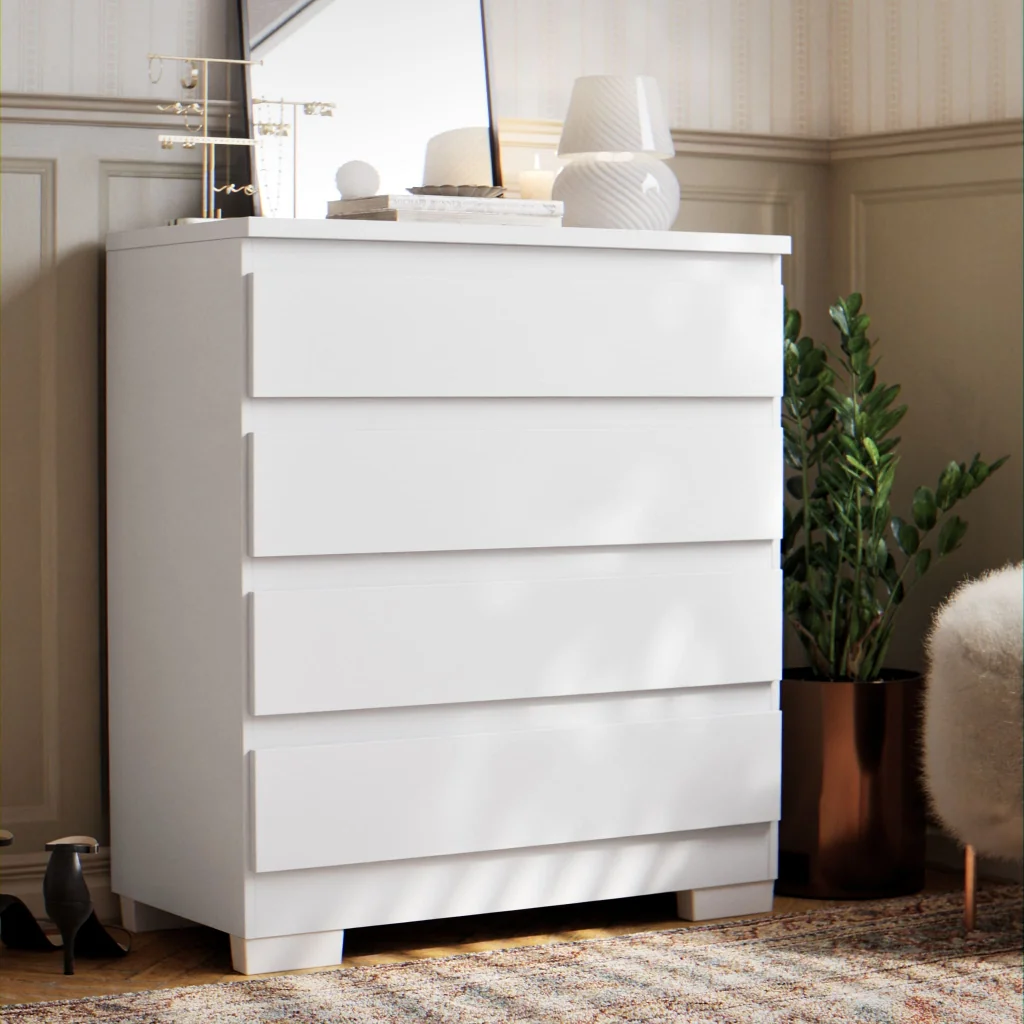 Cômoda 4 Gavetas Com Corrediças Telescópicas e Pés Para Quarto De Casal Grande Em MDF Imperial