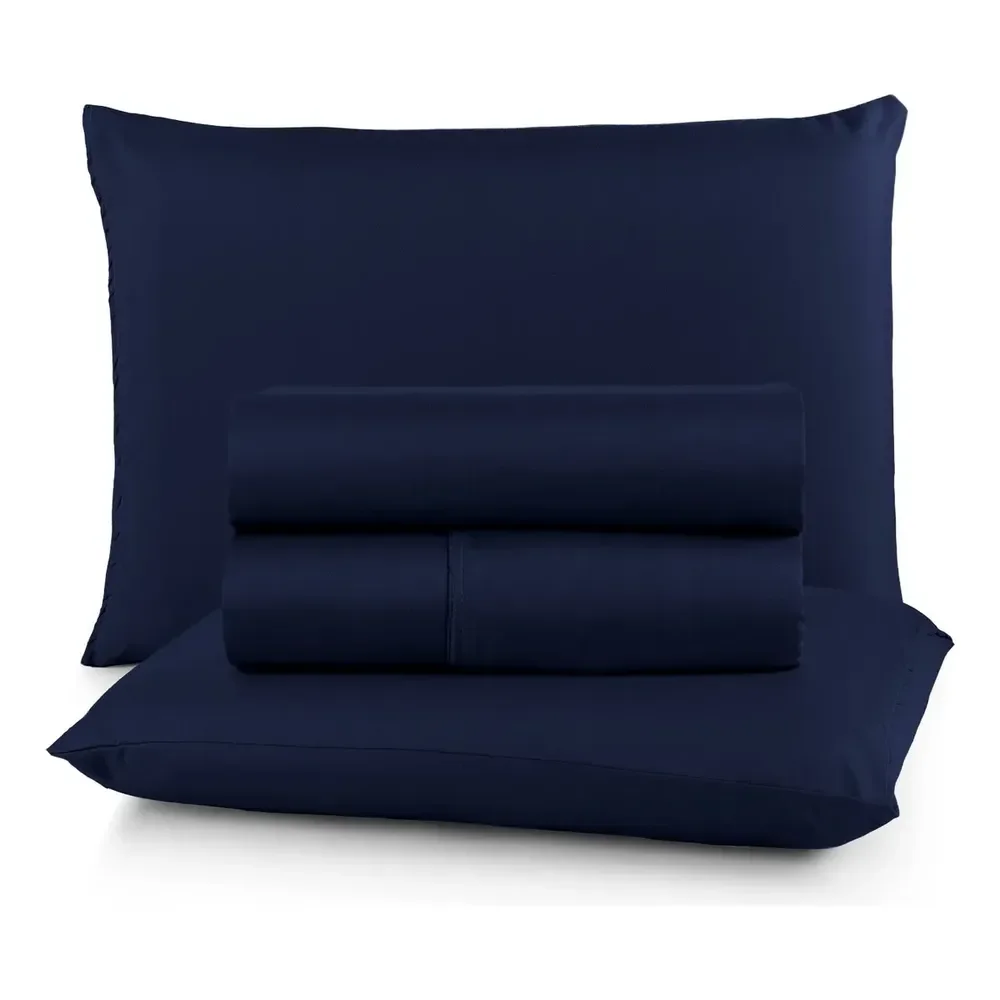 Jogo De Lençol Casal 400 Fios 4 Peças Conforto Premium Cama Azul-marinho Liso