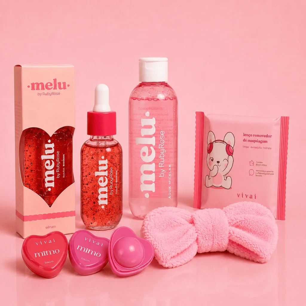 Kit Skincare Ruby Rose Melu + Faixa + Lenço Removedor | Completo, Compacto e Ideal para Bolsa