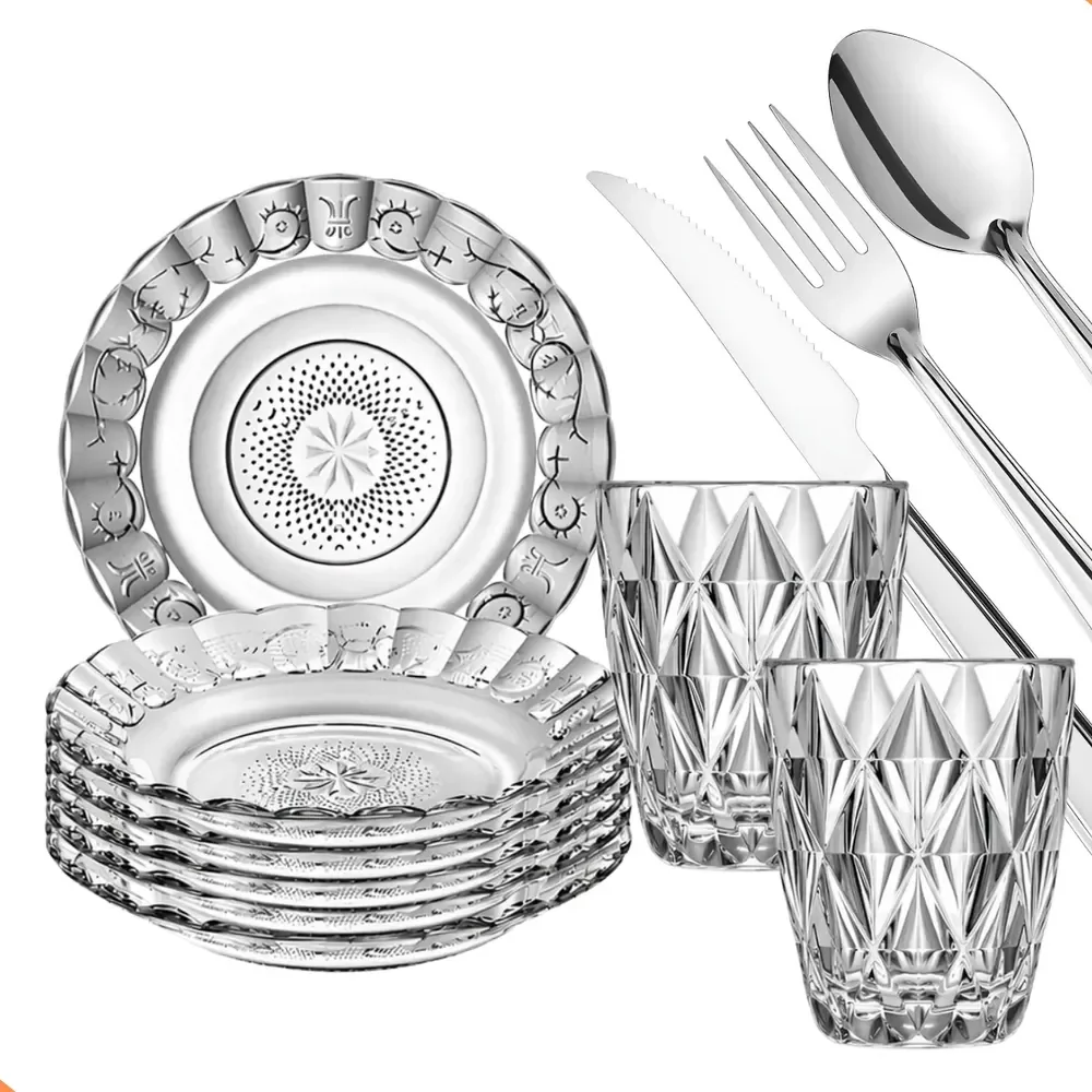Aparelho De Jantar 30 Peças - Pratos + Copos + Talheres Inox