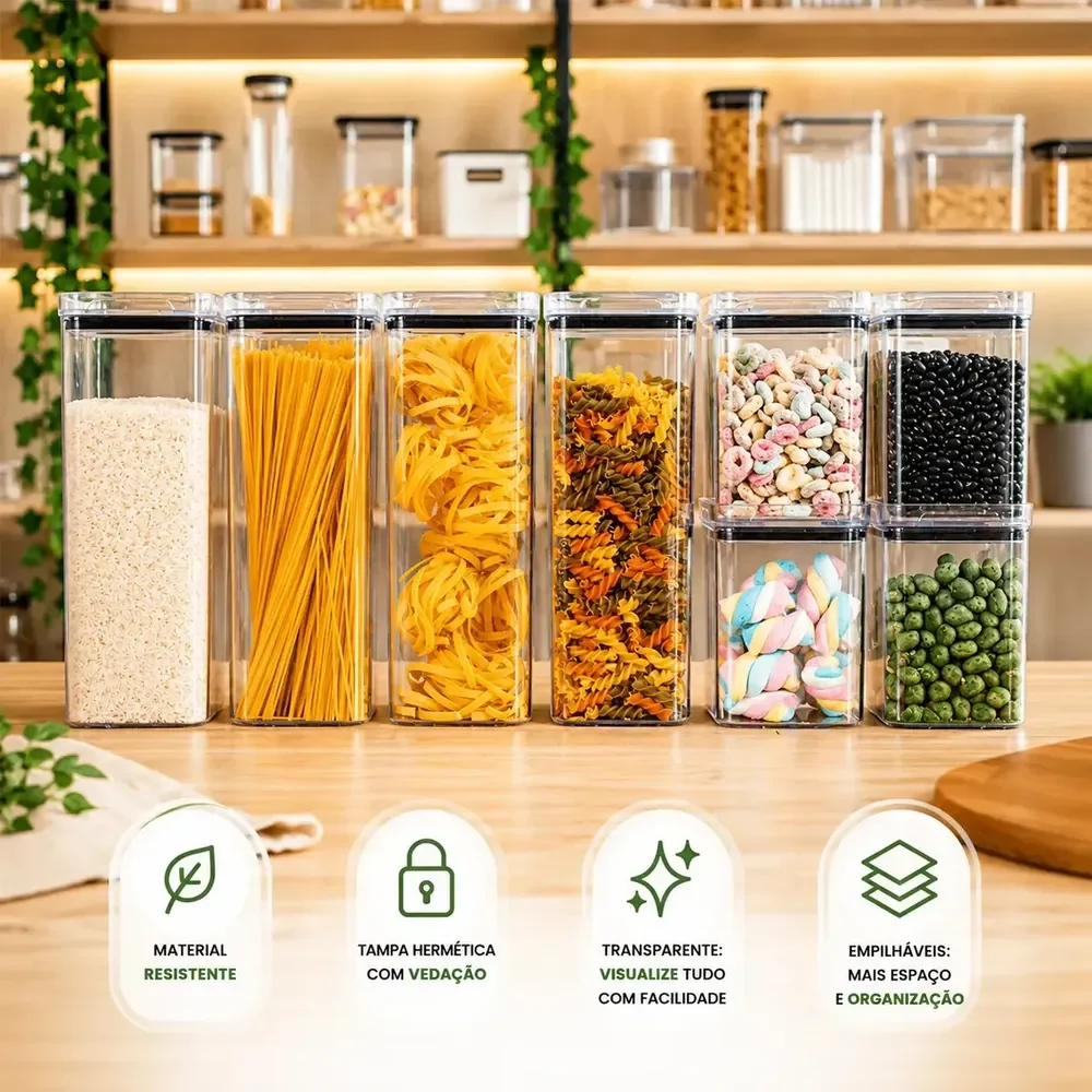 Kit 8 Potes Herméticos Mantimentos Quadrado Cozinha Tampa Vedação Hermética Amobox